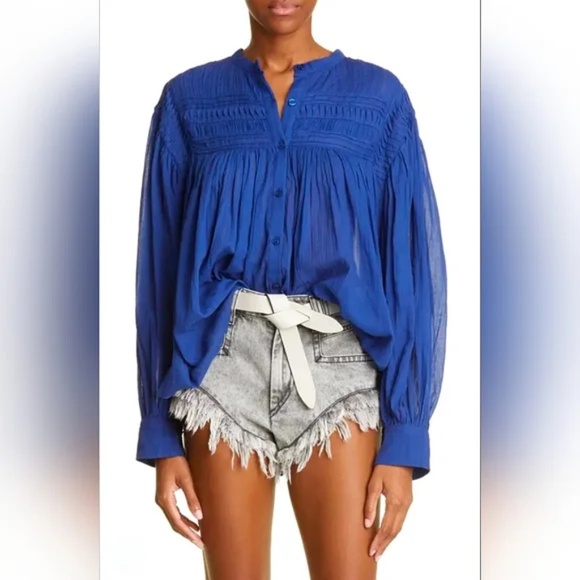 NEW ISABEL MARANT ÉTOILE Plalia Pintucked Organic Cotton Peasant Blouse - size 8 - Picture 1 of 3